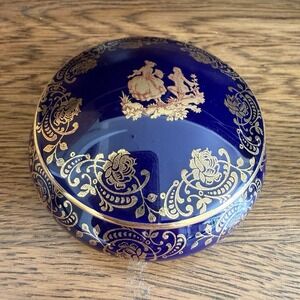 Limoges France Cobalt Blue Gold Gilt Trinket Box Courting Couple Porcelain d'Art